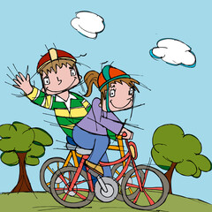 Side profile of a boy and a girl cycling