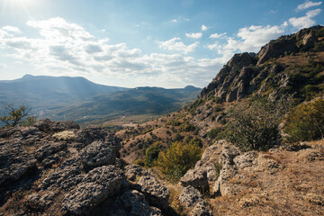 Fototapeta na wymiar Ridge of brown rocks covered with greenery against a blue sky