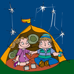 Boy and a girl sitting in a tent