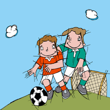 Two boys playing soccer
