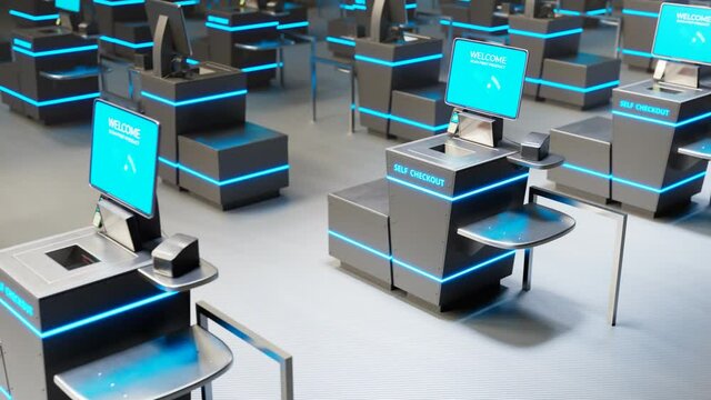 Self-service checkouts in the shop.Ready for scanning and paying for the items