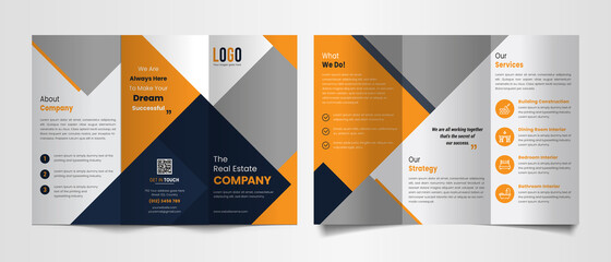 Modern trifold brochure template with black and yellow color shapes.