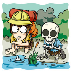 Man drinking water from a river with a human skeleton kneeling beside him