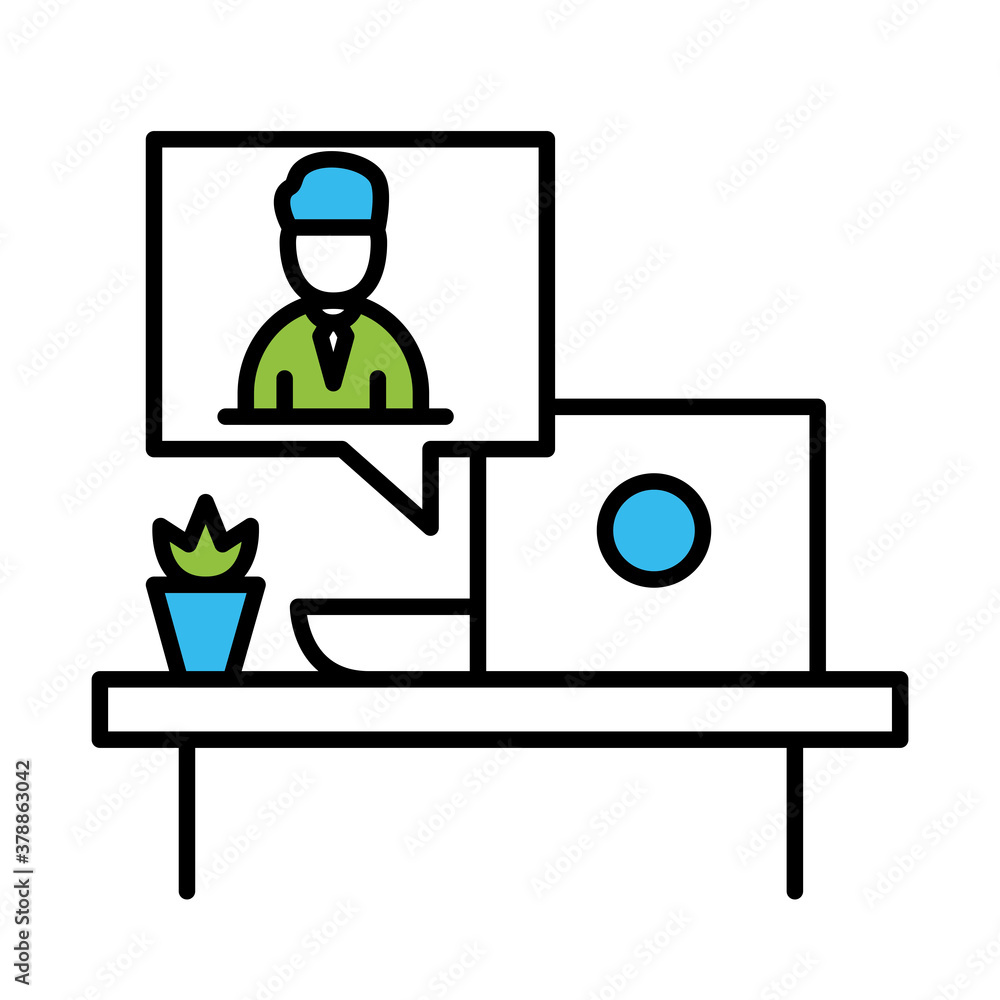 Poster office desk with laptop and man in videochat bubble line and colors style icon design, object workfo