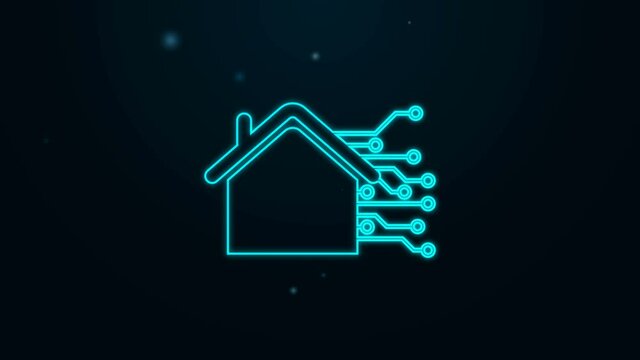 Glowing neon line Smart home icon isolated on black background. Remote control. 4K Video motion graphic animation