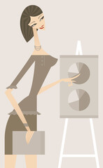 Side profile of a businesswoman pointing at a pie chart
