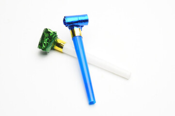 Air whistles for carnivals on white background