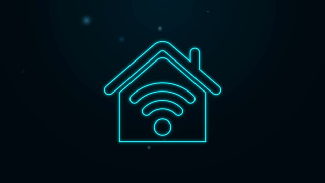 Glowing neon line Smart home with wi-fi icon isolated on black background. Remote control. 4K Video motion graphic animation