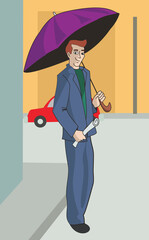 Businessman holding a rolled up paper and standing under an umbrella