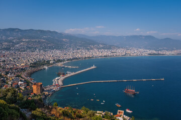 Panoramic view of the sea and the town Alanya, Turkey. August 2020