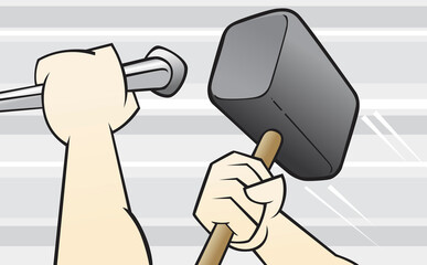 Close-up of a person's hands holding a hammer and a chisel