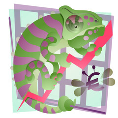 Close-up of a chameleon holding a line graph