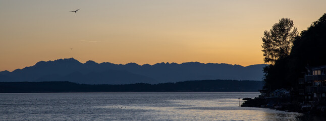 Olympic Mountain Range with Puget Sound in foreground at sunset