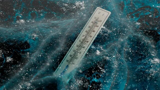 The thermometer trapped in the thick ice.Extremely low temperature.Freezing cold