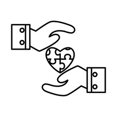 Puzzles between hands line style icon design, Jigsaw game object teamwork match toy element connection and solution theme Vector illustration