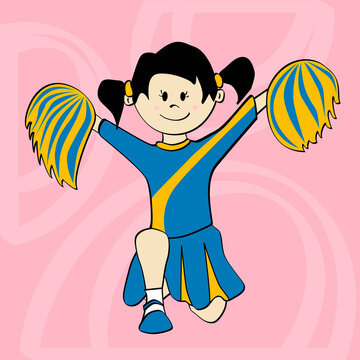 Cheerleader holding pom-poms and kneeling on one knee