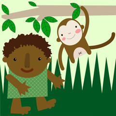 Fototapeta premium Boy standing beside a monkey hanging from a branch