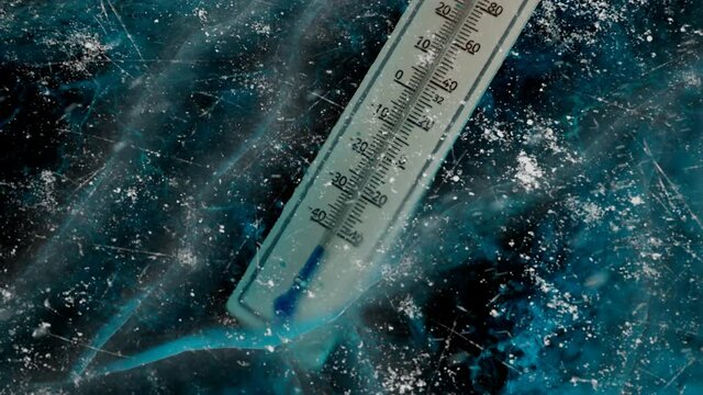 The thermometer trapped in the thick ice.Extremely low temperature.Freezing cold