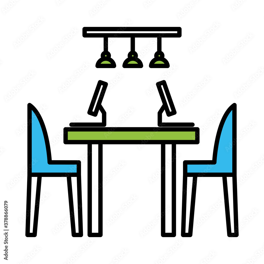 Poster office desk with computers line and colors style icon design, object workforce corporate and job the