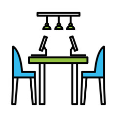 office desk with computers line and colors style icon design, object workforce corporate and job theme Vector illustration