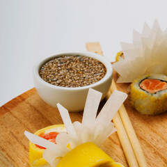 Close-up of sushi with sesame seeds in a bowl