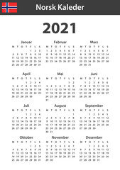 Norwegian Calendar for 2021. Scheduler, agenda or diary template. Week starts on Monday