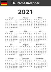 German Calendar for 2021. Scheduler, agenda or diary template. Week starts on Monday