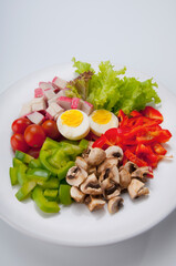 High angle view of boiled eggs with salad