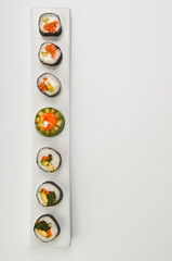 High angle view of sushi rolls