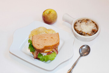 High angle view of soup and sandwich