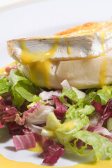 Close-up of an open sandwich on a lettuce salad