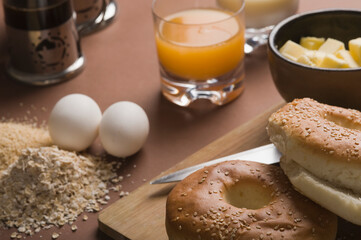 Close-up of breads with eggs and coffee