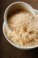 Close-up of brown rice in ceramic bowls