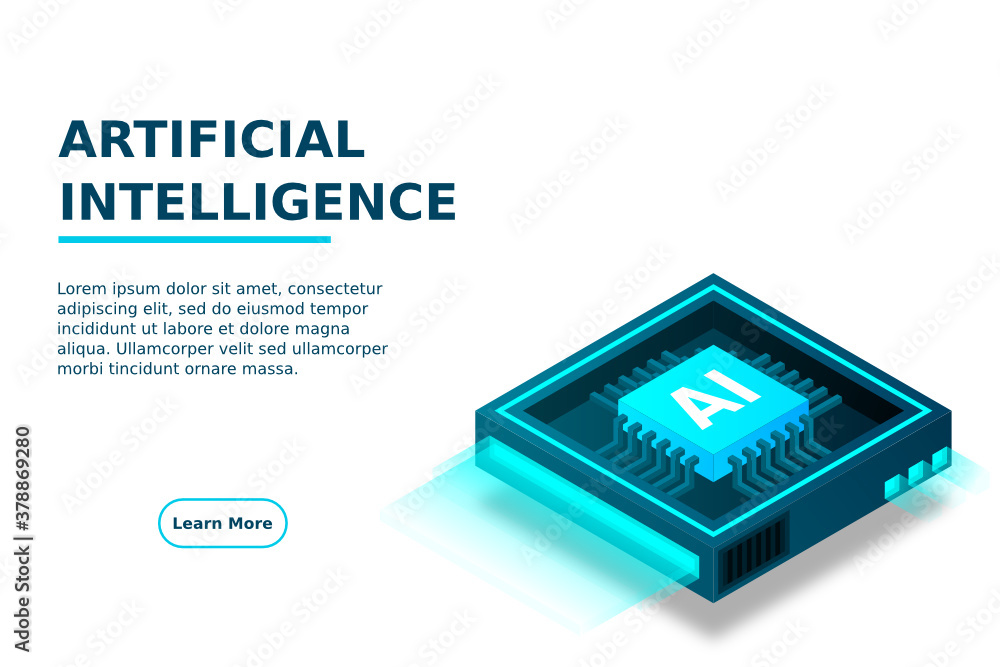 Poster artificial intelligence icon ai, chip brain, quantum computing, cpu, isometric cloud computing conce