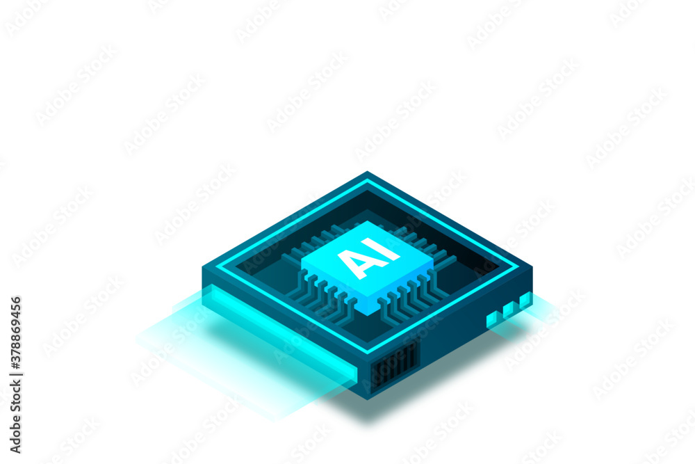 Poster artificial intelligence icon ai, chip brain, quantum computing, cpu, isometric cloud computing conce