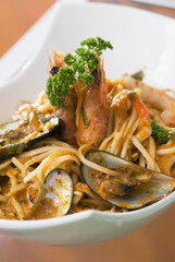Close-up of spaghetti with mussels