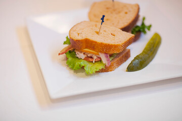 High angle view of a sandwich with pickles