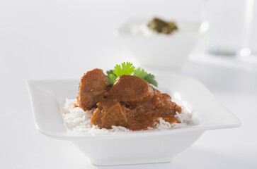 Close-up of mutton curry served with rice