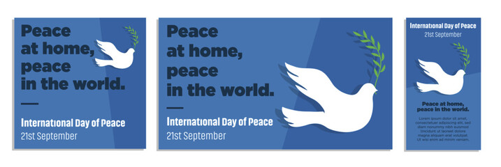 International day of peace card with white dove with leaf on blue circle world background vector design. World Peace Day, Peace logo vector design set. 21st September.