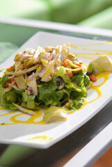 High angle view of chicken and lettuce salad