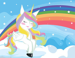 Beautiful unicorn with a rainbow on a sky background