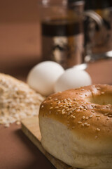 Close-up of breads with eggs and coffee
