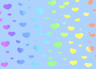 Multicolored gradient bright hearts on a blue background. Pastel palette, multicolored horizontal picture.