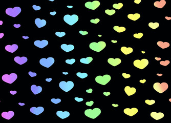 Multicolored gradient bright hearts on a black background, isolates. Pastel bright palette, horizontal picture.