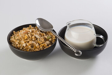 High angle view of breakfast cereal with milk