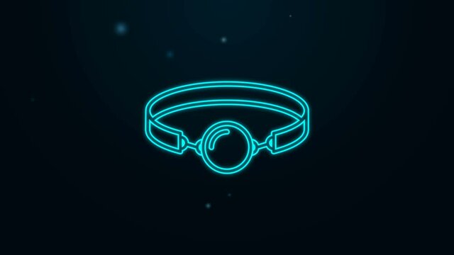 Glowing neon line Silicone ball gag with a leather belt icon isolated on black background. Fetish accessory. Sex toy for men and woman. 4K Video motion graphic animation