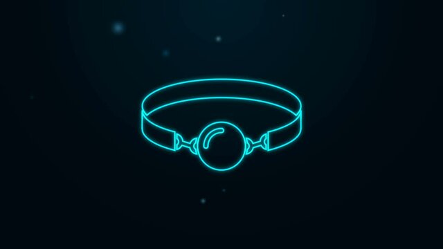 Glowing neon line Silicone ball gag with a leather belt icon isolated on black background. Fetish accessory. Sex toy for men and woman. 4K Video motion graphic animation