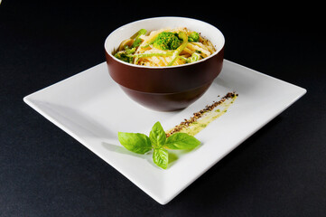 Close-up of green pepper and broccoli macaroni