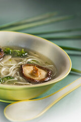 Close-up of a bowl of mushroom and noodle soup