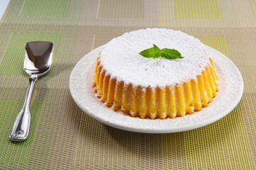 High angle view of a flan cake on a plate